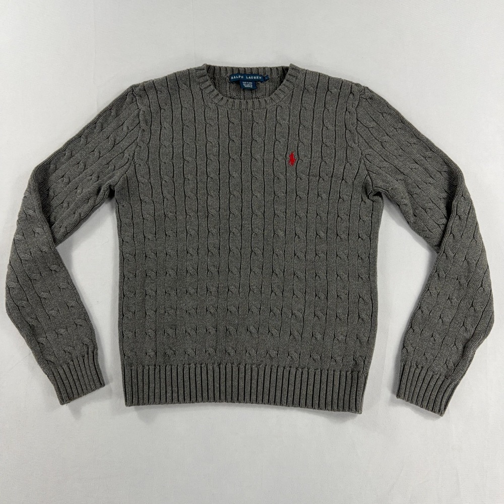Ralph Lauren Gray Cable Knit Crewneck Sweater with Red Pony